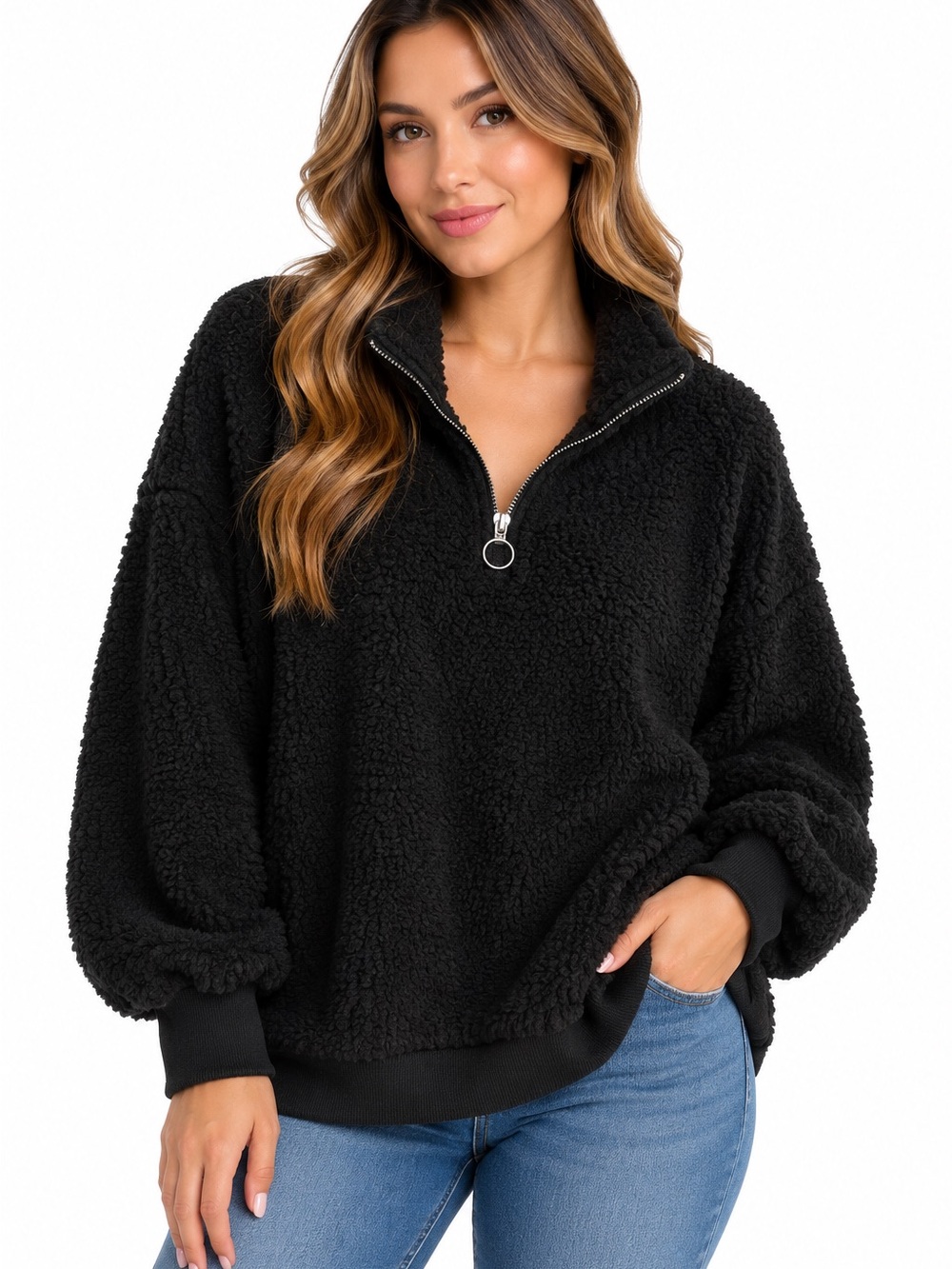 Express One Eleven Black Sherpa Fleece Quarter Zip Pullover Size Large